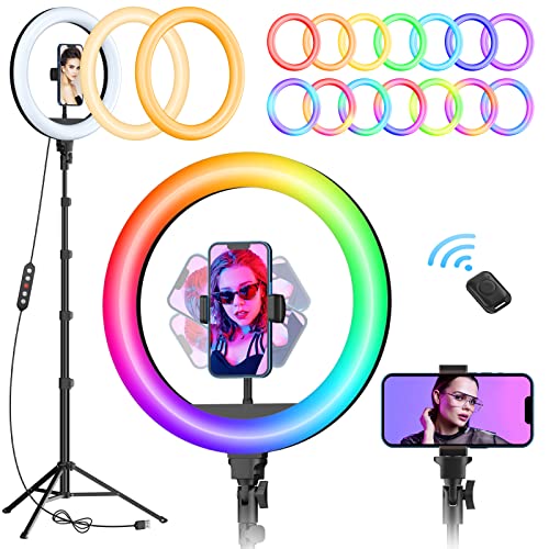 TODI 12" RGB Ring Light with 63" Tripod Stand, 3 CCT Mode & 39 Color Mode Selfie Ring Light with Stand, [2-in-1] LED Ring Light & Selfie Stick with Wireless Remote, for Makeup/Live Stream/Photography - RGB-1