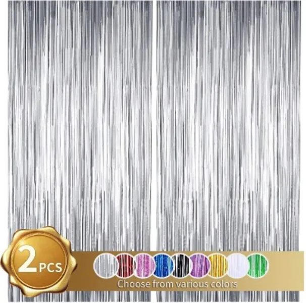 2 Pack Foil Fringe Curtain,Silver Tinsel Metallic Curtains Photo Backdrop for Wedding Engagement Bridal Shower Birthday Bachelorette Party Stage Decor(3.28 ft x 6.56 ft)