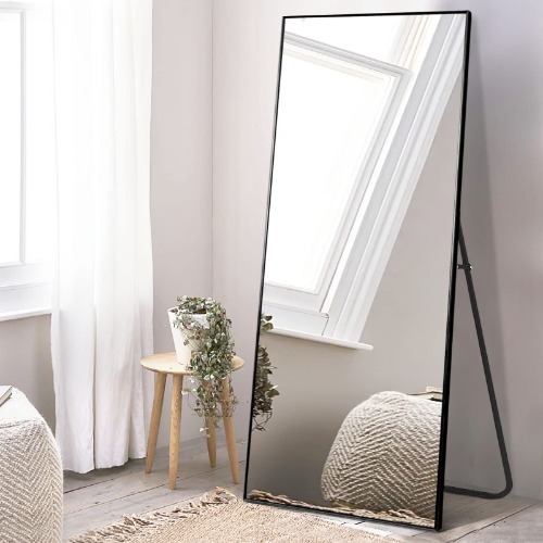 NeuType Full Length Mirror, 64" x 21" Aluminum Alloy Frame Floor Mirror with Stand, Large Bedroom Mirror, Free Standing or Wall Mounted or Leaning Against Wall, Black