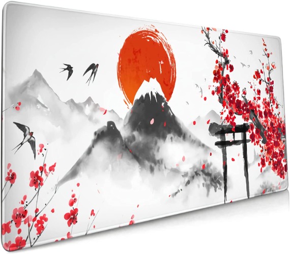 Watercolor Japanese Mouse Pad 35.4 X 15.7 Inch XXL Ink Style Art Sakura Cherry Blossom Pink Full Desk Mousepad Extended Large Non-Slip Rubber Base Keyboard Mat with Stitched Edges for Gaming Office - Extended X-Large Cherry3