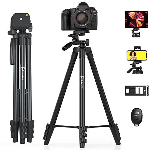 KINGJUE 60'' Camera Phone Tripod Stand Compatible with Canon Nikon DSLR with Universal Tablet Phone Holder Remote Shutter Bubble Level and Carry Bag Max Load 6.6LB - 60 inch