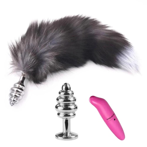 15" Dark Fox Tail with Ribbed-Type Princess Plug and Extra Vibrator