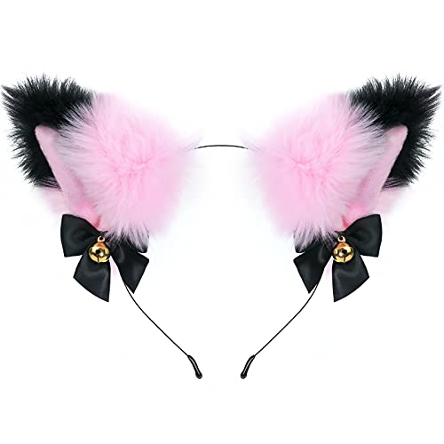 Fox Cat Ears Anime Cosplay - Animal Wolf Headwear, Halloween Headband ,Headpiece Costume Accessories with Bells (Pink) - Pink