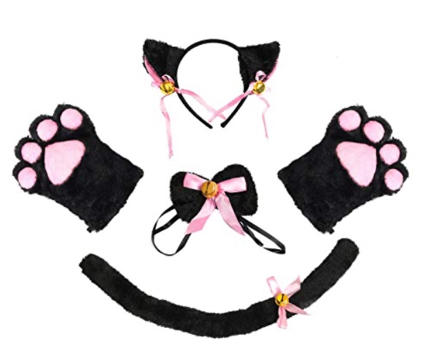Beelittle Cat Cosplay Costume Accessories Kitten Ears Tail Collar Paws for Women Girl Halloween Dress Up - Black