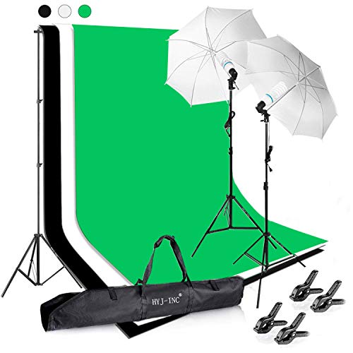 HYJ-INC Photography Photo Video Studio Background Stand Support Kit with 3 Muslin Backdrop Kits (White/Black/Chromakey Green Screen Kit),1050W 5500K Daylight Umbrella Lighting Kit with Carry Bag - Photography Umbrella Lighting Kit With 3 backdrops