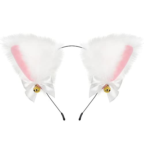 CEDAR BRIGHT Fox Cat Ears Anime Cosplay - Animal Wolf Headwear, Halloween Headband,Headpiece Costume Accessories with Bells White - White