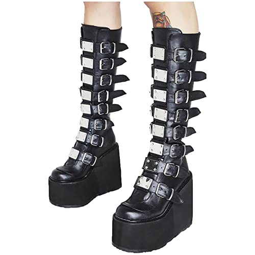 Kniehohe Stiefel Damen Goth,damen Gothic Punk Plateau Stiefel Mode Schnalle Plateau Keile Stiefel Freizeit Runde Zehe Reißverschluss Mittlere Wadenstiefel Stiefel Damen Schwarz Goth - 40 EU - Schwarz