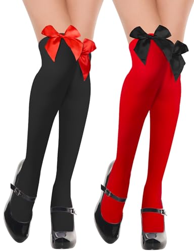 Kiiwah 2 Paar Overknees Strümpfe Damen mit Schleife, Knee High Socks Overknee Socks Thigh High Socks, Lange Overknee Strümpfe - Einheitsgröße - Schwarz, Rot