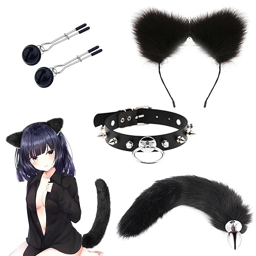 Qoosea 4 Piezas Plugs Anals de Acero Inoxidable con Cola de Zorro, Masturbador de Ano Anal Abrazaderas para Pezones + Collar + Orejas de Gato SM Juguete Sexual Butt Plug para Parejas Cosplay
