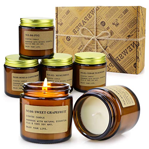 Candele Profumate, Regalo Set per Donna Compleanno, 6x Cera di Soia Aggiungi Oli Essenziali Naturali, per Anniversario, Fidanzata, Natale, Festa della mamma, Bagno, Fino Yoga - 6 Pezzi