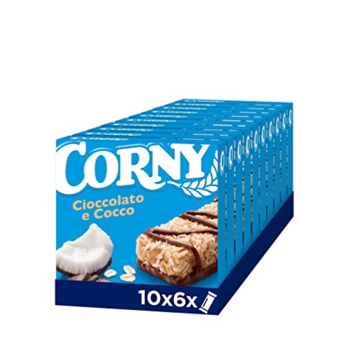 CORNY Original | 60 Barrette ai Cereali con Cioccolato e Cocco, Senza Olio di Palma, Zero Conservanti, Cacao Certificato Rainforest Alliance, 10 Confezioni da 6 barrette x 25 Grammi - Cereali Cioccolato e Cocco