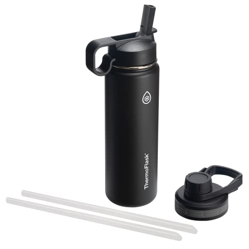 ThermoFlask Double Wall Vacuum Insulated Stainless Steel Water Bottle with Two Lids, 24 Ounce, Black - Black - 24 oz