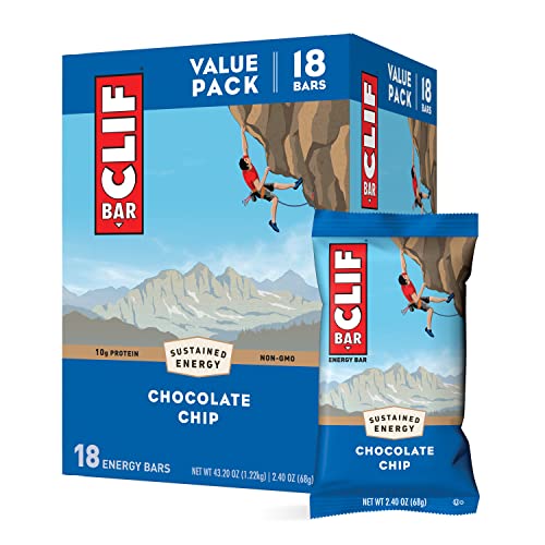 CLIF BARS - Energy Bars - Chocolate Chip - Made with Organic Oats - Plant Based Food - Vegetarian - Kosher 2.4 Ounce Protein Bars, 18 Count (Pack of 1) Packaging May Vary - Chocolate Chip