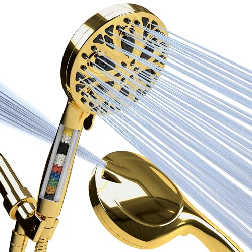 AMAZON | SparkPod 10-Mode Filtered Shower Head with Hose - 5" High Pressure Shower Heads with Filter - Handheld Shower Head Filter with Built-In Power Jet, Stainless 6ft Hose and Bracket (Egyptian Gold) - 10 Spray Setting Handheld Shower Head with Filter - Egyptian Gold 10 Spray Setting with Filter