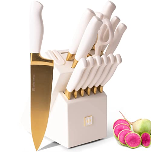 White and Gold Knife Set with Block Self Sharpening - 14 PC Titanium Coated Gold and White Kitchen Knife Set and White Knife Block with Sharpener, White and Gold Kitchen Accessories and Decor - White Handle & Gold Blade