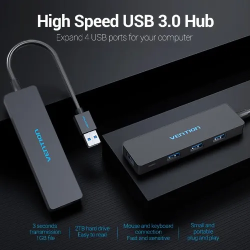 Vention Usb Hub Multiple 4 Ports Splitter Fast Speed 3.0 Plug And Play Otg Printer For Laptop Pc