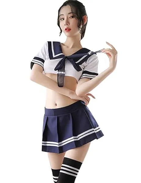 YUANMO Women's Naughty School Girl Outfit Japanese Anime Lolita Sailor Costume Cosplay Lingerie Set with Stocking - Blue - XL