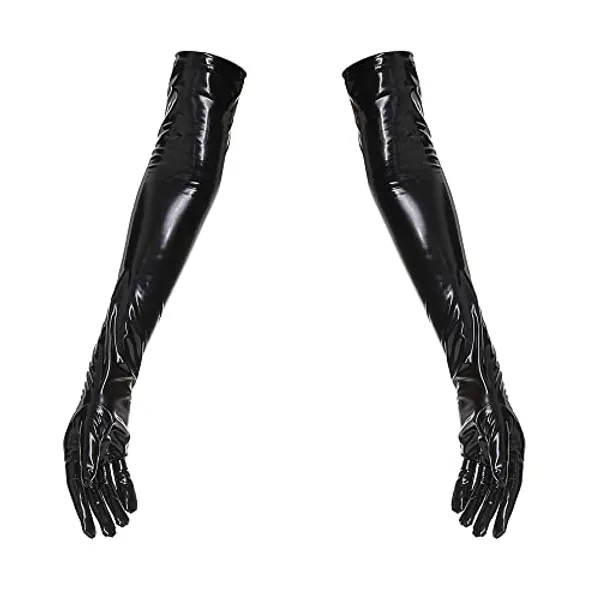 YUDATPG Women Long PU Leather Gloves Stretchy Faux Leather for Daily Costume Opera Party Evening Shirred Elbow Gloves Cosplay Wedding - L - Black