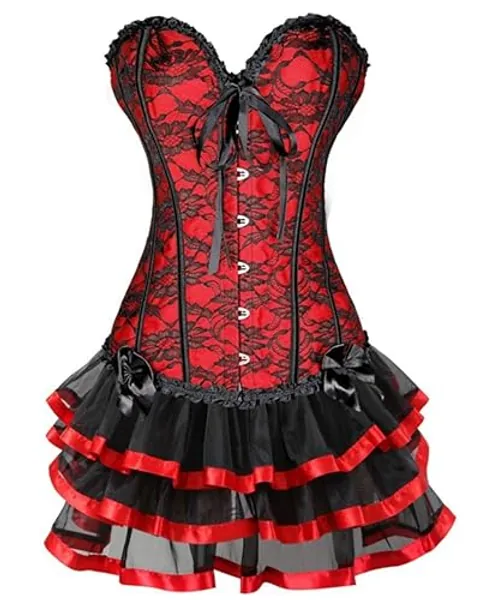Kelvry Women's Sexy Gothic Lace up Boned Vintage Corset and Bustiers Dress with Skirt Plus Size - 14-16 Red