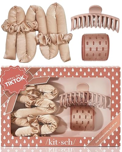 Kitsch Satin Heatless Hair Styling Gift Set - 5pc Set of Satin Heatless Curling Set, Ceramic Thermal Hair Roller & Claw Clip, Hair Gift Set, Hair Styling Accessories, Heatless Curler Set - Champagne - 5 count (Pack of 1) - Champagne
