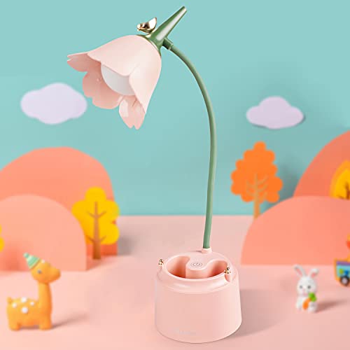 Neporal Kawaii Led Desk Lamp, Rechargeable Touch Lamp with 360° Adjustable Neck , 3 Color Modes & 10 Brightness Levels, Pink Flower Eye-Caring Reading Lamp, Cute Desk Accessories with Organizer