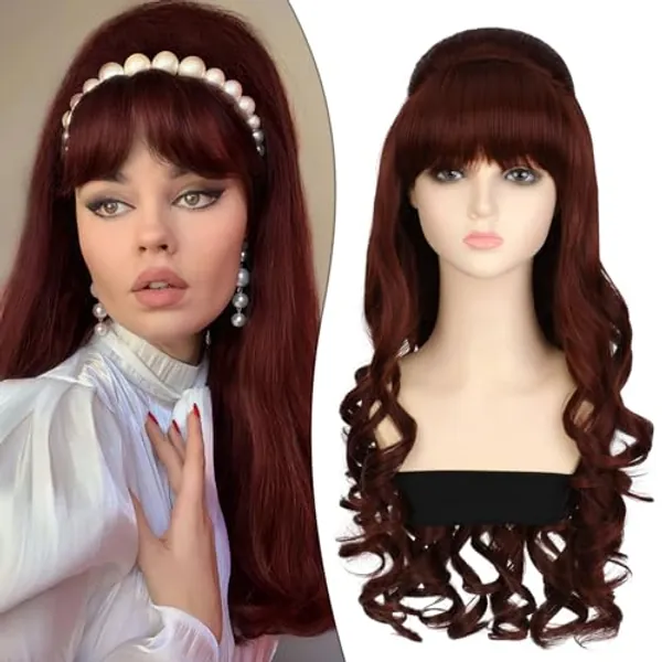 Fanguilar 70s 80s Wig Women Beehive Wigs with Bang Bouffant Beehive Wigs Long Wavy Halloween Costume Party Wigs