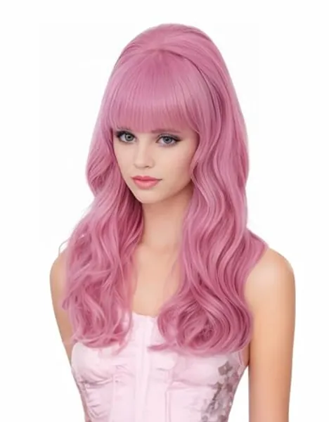 Rugelyss Long Wavy Pink Wig with Bang Big Bouffant Beehive Wigs for Women fits 80s Costume or Halloween Party