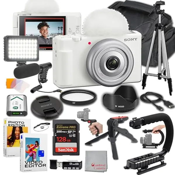 Sony ZV-1F (White) Content Creator's Ultimate Kit: 128GB Extreme Memory, Mic, Video Light, Editing Software, U-Grip, and Tripod Bundle (21pc), compact, Black