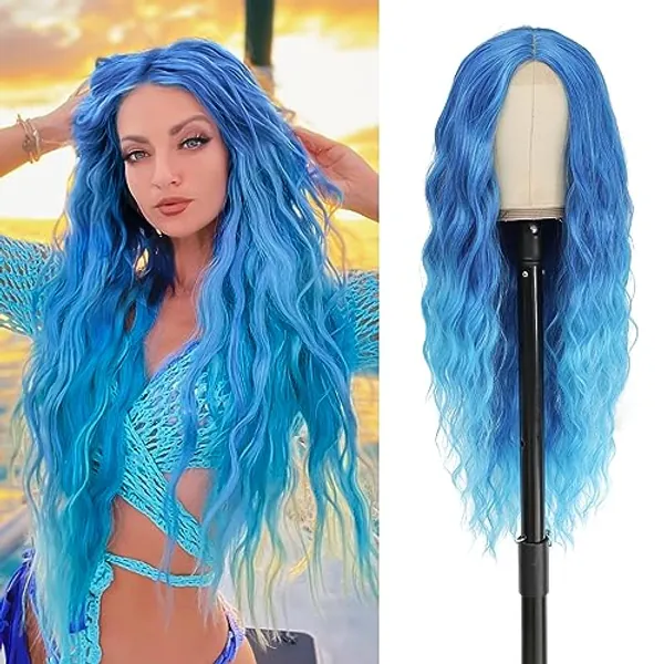 BUPPLER Cosplay Long Blue Wig 28 Inch Middle Part Synthetic Wig Realistic Gifts Party Wigs for Women Daily Use Colorful Wigs (Blue)