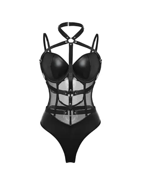 Lilosy Sexy Crisscross Choker Leather Pu Underwire Babydoll Women Harness Teddy Bodysuit Nightshirt One Piece