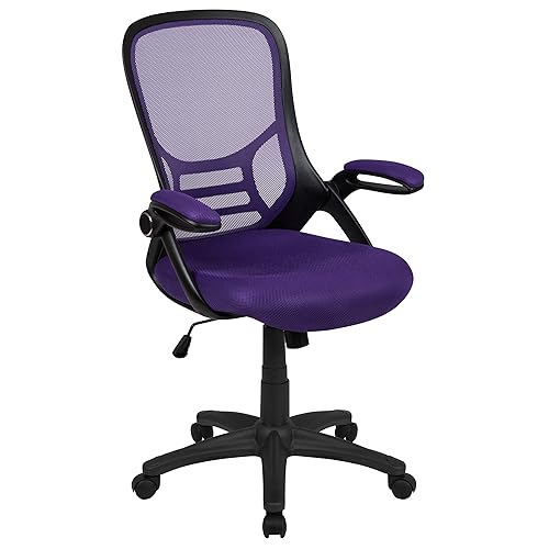 Flash Furniture Porter High-Back Swivel Office Chair with Adjustable Lumbar Support and Seat Height, Ergonomic Mesh Desk Chair with Flip-Up Armrests, Purple/Black - Purple