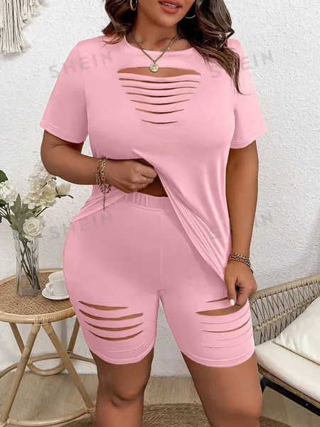 SHEIN Essnce Plus Size Women Hollow Out Solid Color Round Neck Short Sleeve T-Shirt And Shorts Two-Piece Set