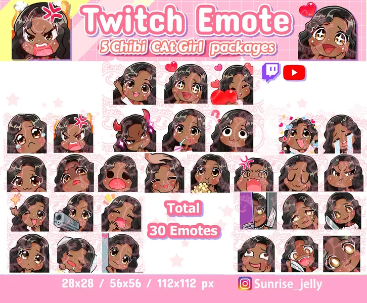 Twitch emotes / Curly hair / Black hair Brown eyes / Dark skin / Chibi Girl / Twitch emotes pack / streamers  / HYPE / Discord / Youtube