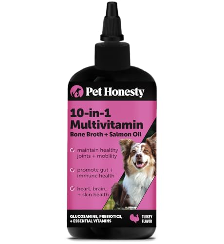 Pet Honesty Dog Multivitamin Supplement with Salmon Oil for Dogs - Immune Allergy Itch Relief, Digestion, Skin & Coat Health, Dog Food Topper Bone Broth with Salmon Oil, Prebiotics + Vitamins (12 oz) - Turkey Bone Broth