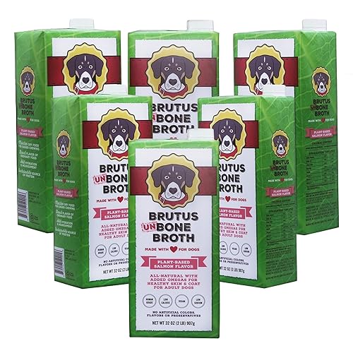 Brutus Vegetable Broth for Dogs 192 oz | All Natural | Made in USA |Omegas & Turmeric for Healthy Skin & Coat |Human Grade Ingredients |Hydrating Dog Food Topper, Gravy & Treat Salmon 6-Packs - Salmon - 32 Fl Oz (Pack of 6)
