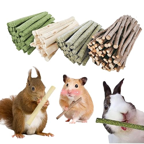 GREMBEB Bunny Chew Stick Rabbit Toy Treat 400g 4 in 1 Molar Stuff 100% Organic Natural Snack Apple Branch Sweet Bamboo Timothy Hay Alfalfa Food Clean Teeth Hamster Chinchilla Parrot Gerbil Squirrel - 400g (4 in 1)