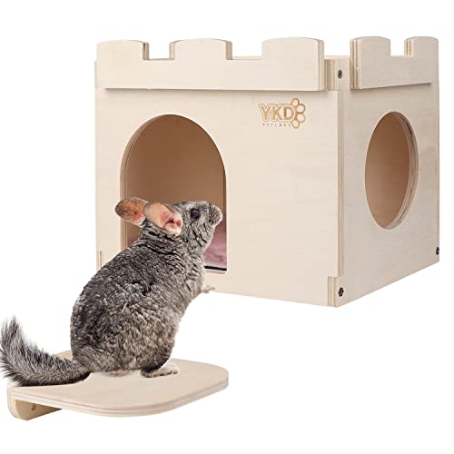 Castle Chinchilla House - Small Animal Hideout for Chinchilla Guinea Pig Hedgehog, or Rat - Ventilated Wooden Hamster Habitat with Multiple Doors - Made from Natural Wood - Large Hanging