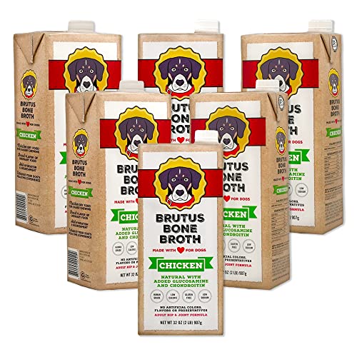 Brutus Chicken Broth for Dogs - All Natural Chicken Bone Broth for Dogs with Chondroitin Glucosamine Turmeric -Human Grade Dog Food Toppers for Picky Eaters & Dry Food -Tasty & Nutritious- Pack of 6 - Chicken - 32 Fl Oz (Pack of 6)