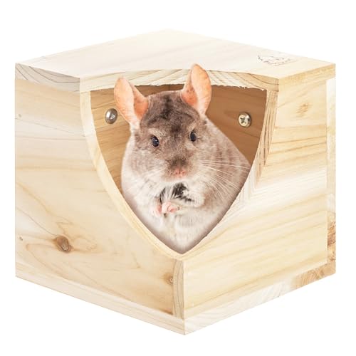 Yesland Wood Chinchilla House, Natural Square Small Animal Hideout Hut for Chinchilla, Squirrel, Sugar Gliders in Cage - 6.5 X 6.5 X 6.5 Inches