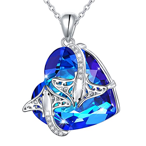 Stingray /Turtle Gifts for Stingray/Turtle Lover Sterling Silver Manta Ray/Sea Turtle Crystal Necklace Ocean Animal Jewelry Mother's Day Birthday Gifts for Women Mother Wife Girlfriend Fiancéé - blue heart
