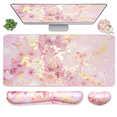 4-in-1 Large Gaming Mouse Pad, Keyboard Wrist Rest Pad & Wrist Support Mousepad Set, Extended Desk Pad Waterproof Desk Mat for Home Office Study Game-Pink Gold Marble - Pink Gold Marble-2