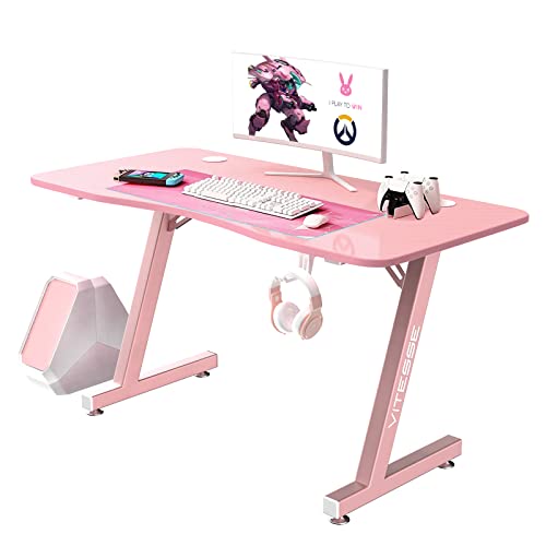 VITESSE Pink Gaming Desk, 40 inch Ergonomic Gaming Desk for Girls, Cute Kawaii Computer Desk, Gaming Tables with Headphone Hook - 40 inch - Pink