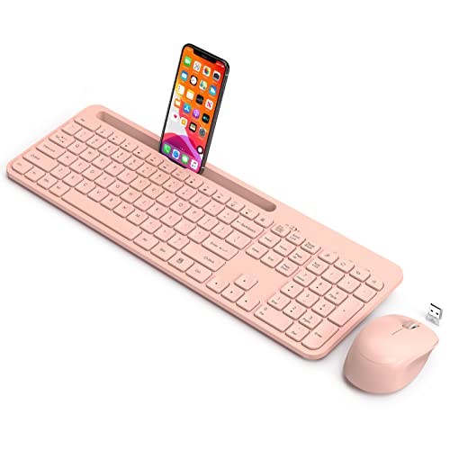Wireless Keyboard and Mouse Combo, WisFox 2.4G USB Wireless Ergonomic with Phone Holder, Full-Size Keyboard and Mouse Set for Computer, Laptop and Desktop(Pink) - Pink