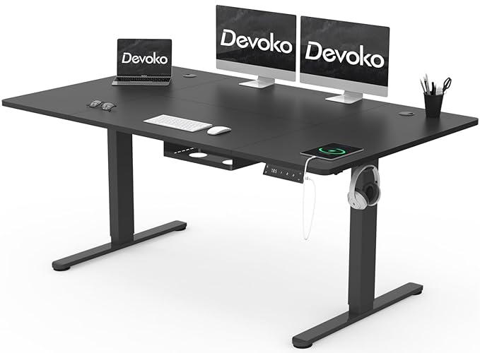 Devoko Höhenverstellbarer Schreibtisch 160x80cm mit Typ-C Ladeanschluss, Mobiler Elektrisch Computertisch mit Kabel Management Tray und 3-Funktions-Memory, Schwarz - 160 x 80 cm - Schwarz
