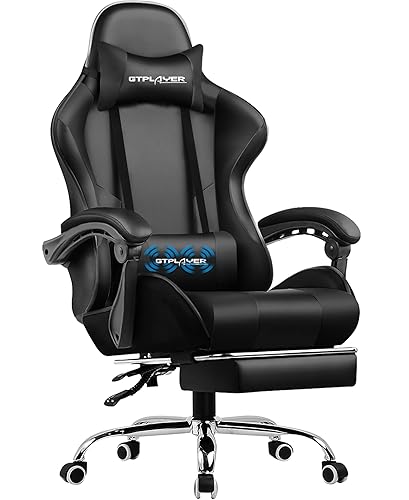 GTPLAYER Bürostuhl Gaming Stuhl Massage Gaming Sessel Ergonomischer Gamer Stuhl mit Fußstütze, Kopfstütze Massage-Lendenkissen, Gepolstert Gaming Chair, Drehsessel schwarz - Schwarz