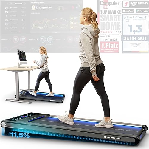Sportstech Laufband für Zuhause, Walking Pad, 1-8km/h, Under Desk Treadmill, 11,5% Steigung, Ultra-leise, mit PS-DC Motor, 120 kg belastbar, kompakt, LCD Display, App kompatibel, Homeoffice, sWalk - Grau