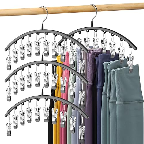 Legging Organizer for Closet, Metal Yoga Pants Hangers 4 Pack w/10 Clips Holds 40 Leggings, Space Saving Hanging Closet Organizer w/Rubber Coated Closet Organizers and Storage, Black - Black - 4 Pack