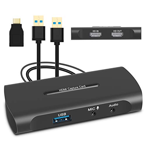 HDMI Capture Card, HD Game Capture HDMI to USB Video Capture Device for Live Streaming Game Recording Screen Sharing, 60fps Video Grabber with Microphone In and Audio Out for Nintendo Switch/Xbox