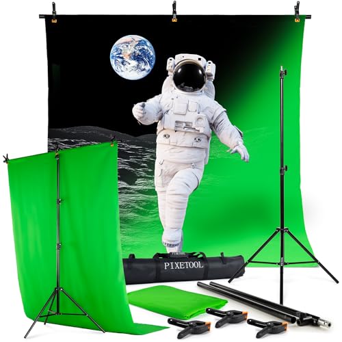 PIXETOOL - Green Screen with Stand (2,6m x 1,5m) - Photo Background - Photo Studio - Green Screen - Background Photography - Includes Stand (2.6 x 1,5m) and 3 Clips - 1.5m x 2.6m