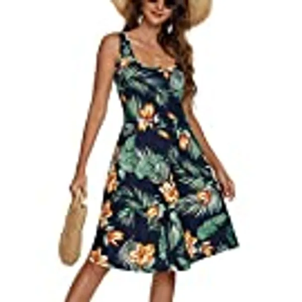 FENSACE Women's Scoop Neck Sleeveless Midi Casual Flared Tank Floral Printed Dress